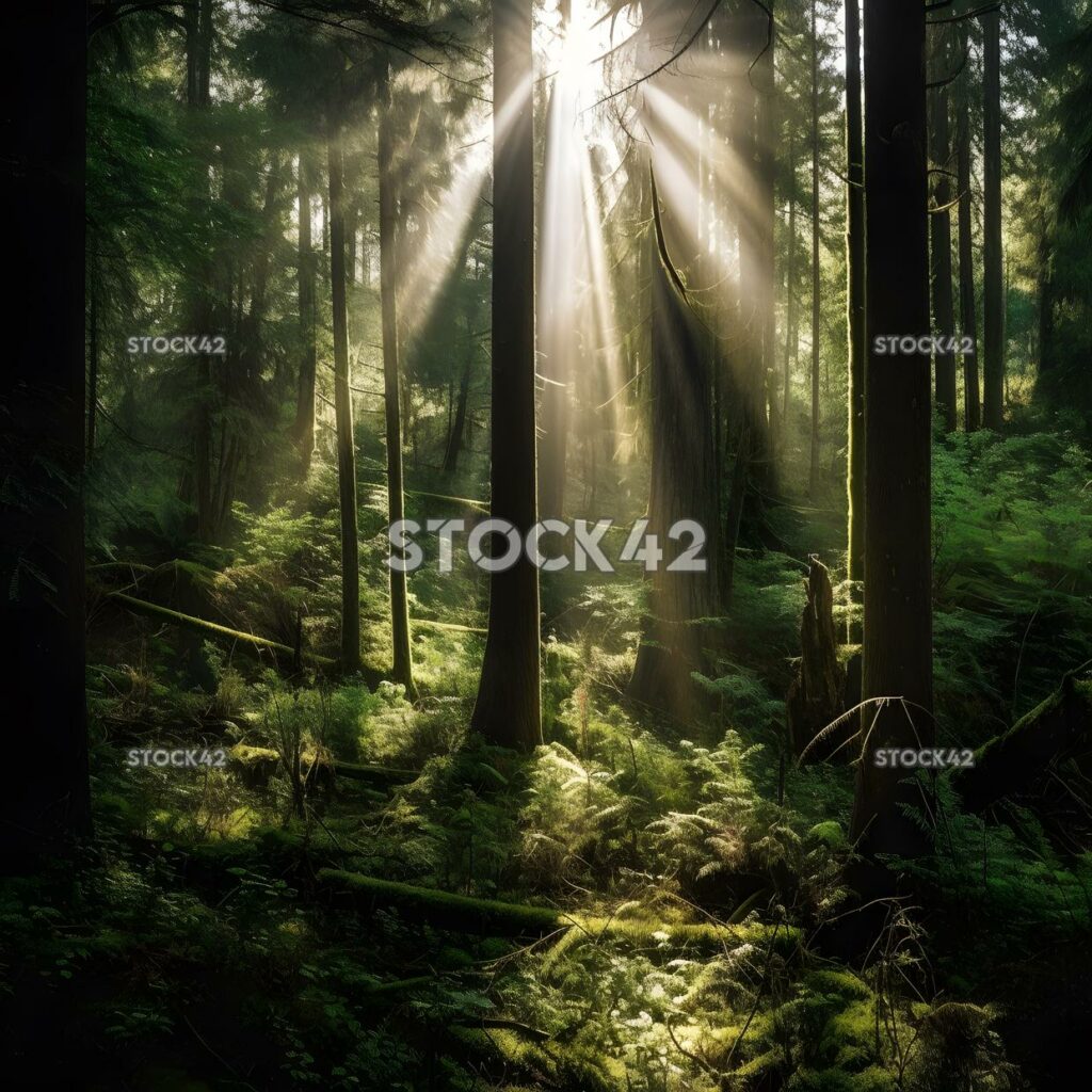 dense forest with a sunbeam shining through the trees