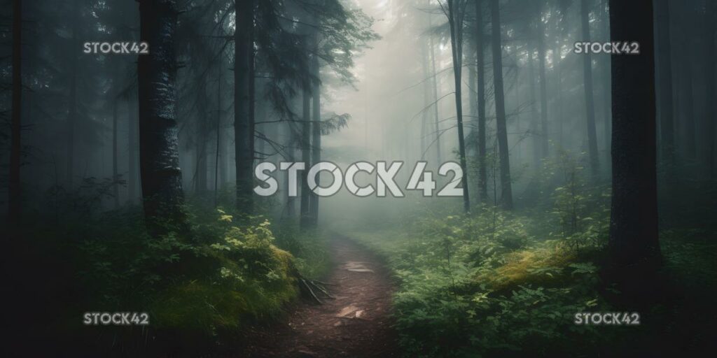 dichter Wald mit hohen Bäumen und einer nebligen Atmosphäre