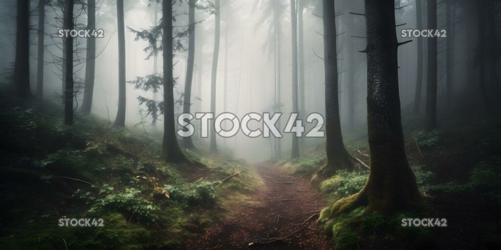 dichter Wald mit hohen Bäumen und einer nebligen Atmosphäre