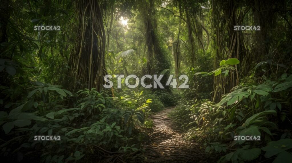 dense jungle with tall trees and vines one