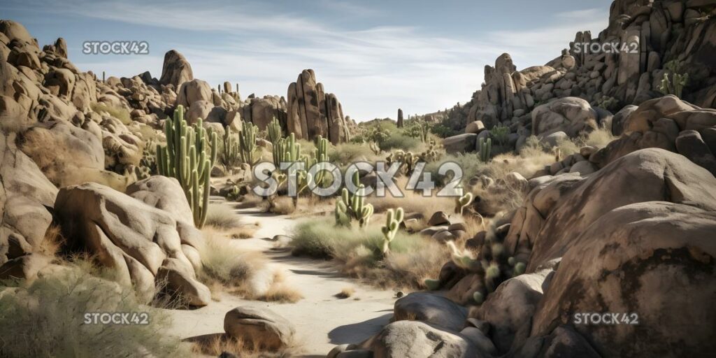 Paisaje desértico con cactus y formaciones rocosas únicas