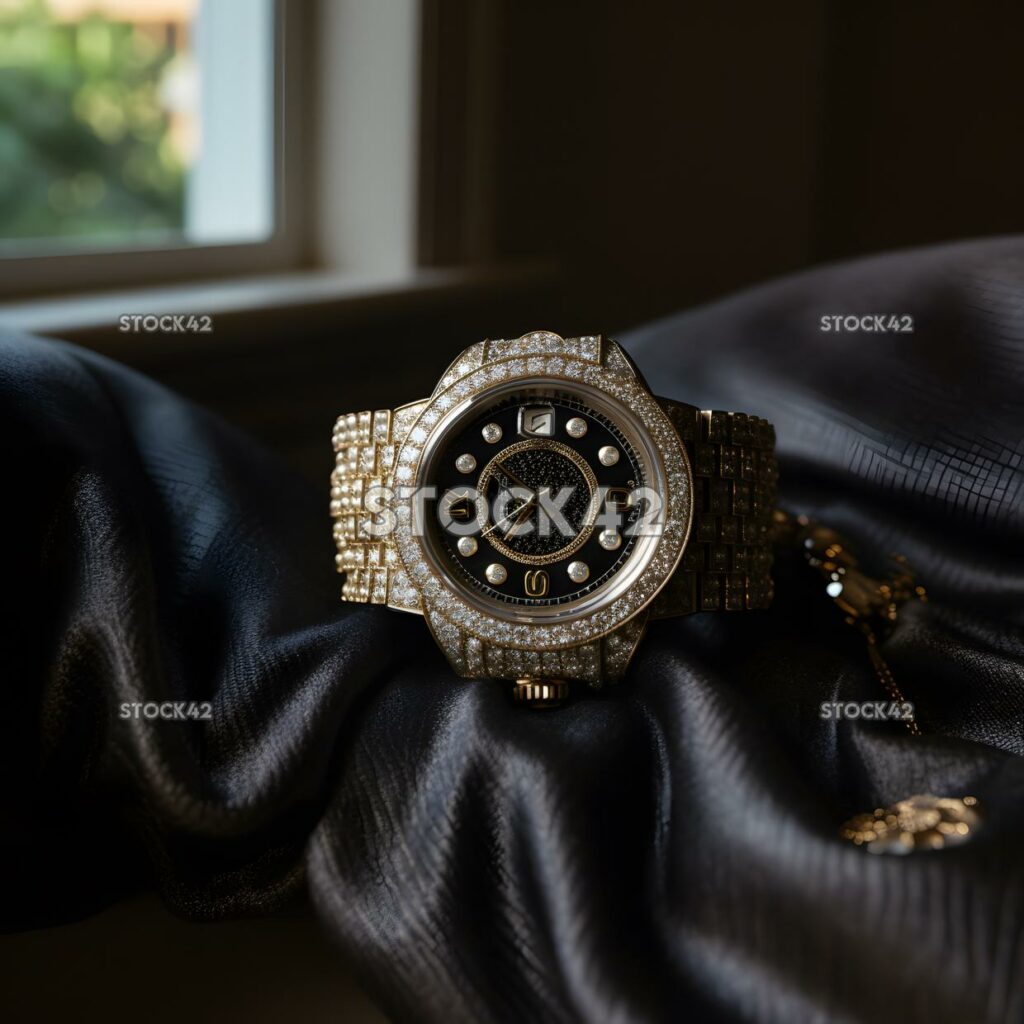 diamond-encrusted Rolex watch on a black velvet cushion