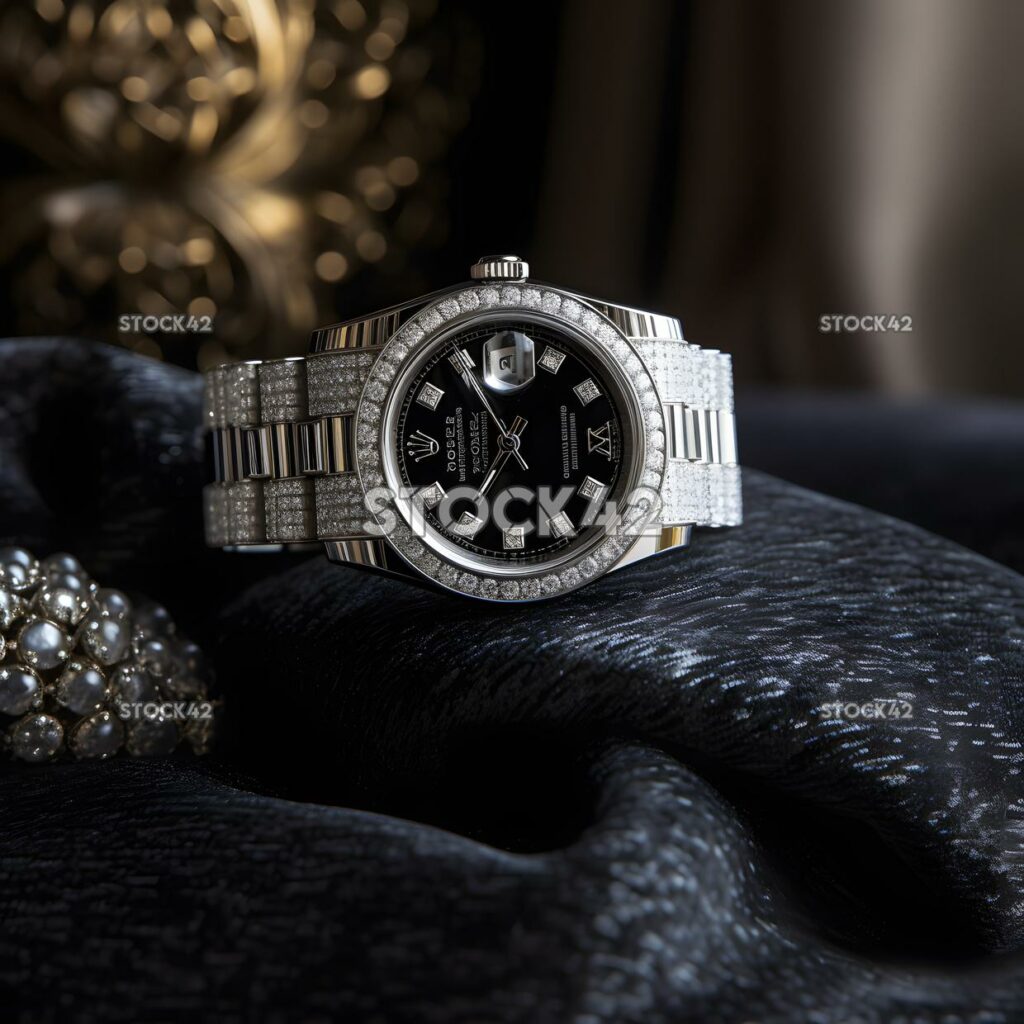 diamond-encrusted Rolex watch on a black velvet cushion one