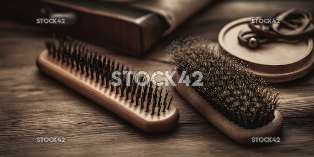 hair brush and hair clips on a wooden table one