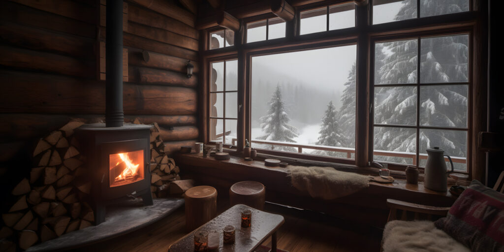 Berghütte gemütlicher Kamin heiße Schokolade drei