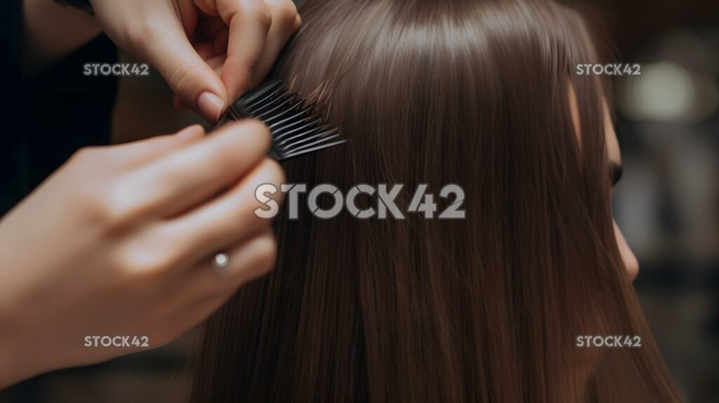 Mujer que se recorta las puntas del cabello con tijera