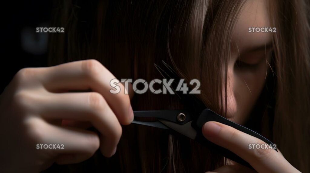 Mujer recibiendo un corte en las puntas de su cabello con tijera uno